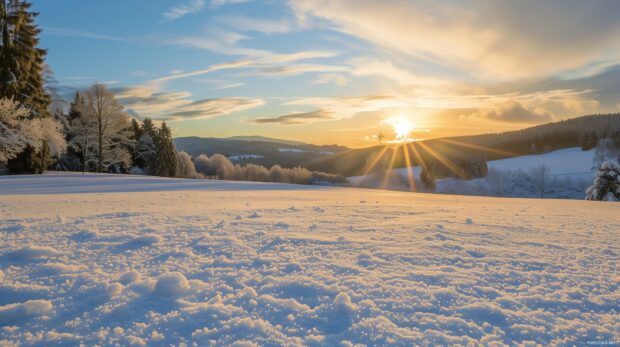 Winter sunrise casting a warm glow over snow covered fields.