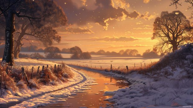 Winter sunrise casting golden light over snowy fields.