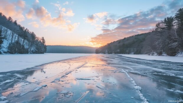 Winter sunset over a frozen lake with reflections on the ice, Wallpaper for PC.