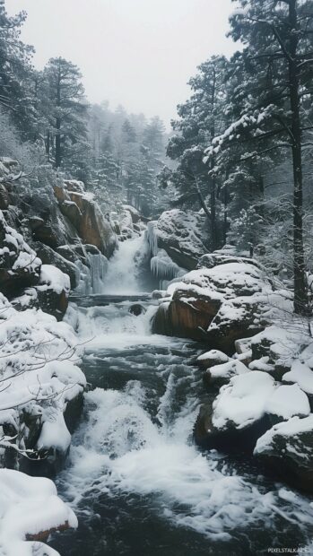 Winter view of a frozen waterfall amidst snow covered rocks.