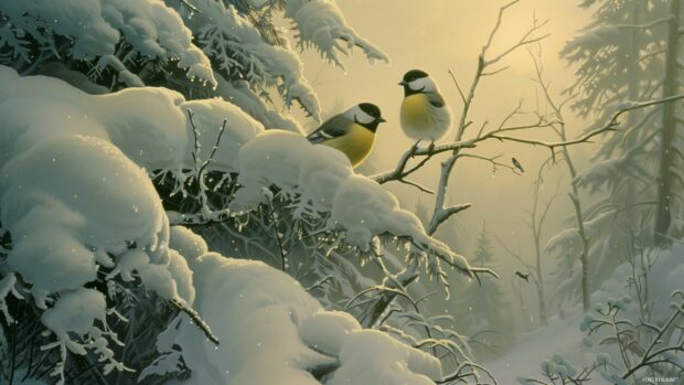 Winter wildlife computer wallpaper for PC with birds perched on snowy branches.