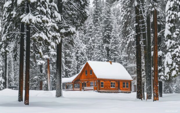 Winter wonderland 1920×1200 Wallpaper HD with snow covered trees and a cool cozy cabin.