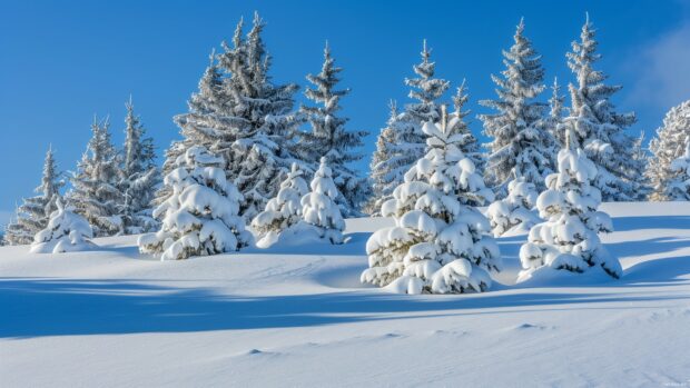 Winter wonderland 4K PC wallpaper with snow covered trees.