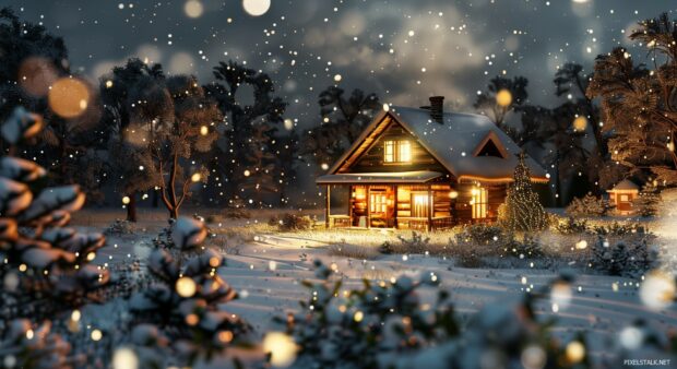 Winter wonderland scene wallpaper with a cozy cabin surrounded by snow.