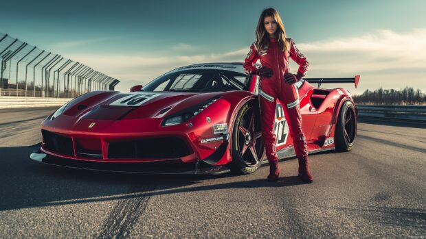 Woman in a racing suit posing next to a high performance sports car on a track, 4K Wallpaper.