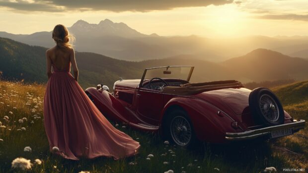 Women and cars wallpaper 4K with elegant woman in a flowing dress standing beside a classic vintage car.