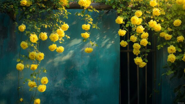 Yellow roses cascading over a trellis, bathed in soft evening light, capturing the romantic essence of a blooming garden.