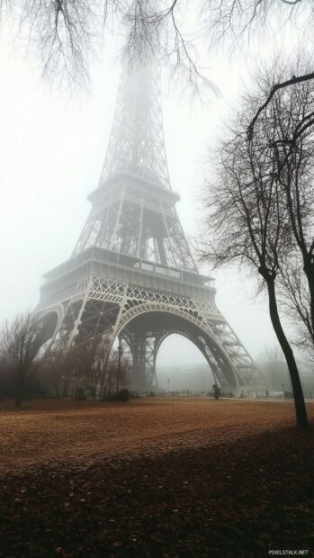 iPhone City Wallpaper with a quiet, foggy morning in Paris with the Eiffel Tower partially obscured.