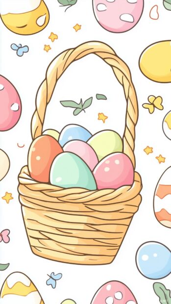 iPhone wallpaper of Easter baskets filled with colorful eggs, soft vector outlines and pastel tones.