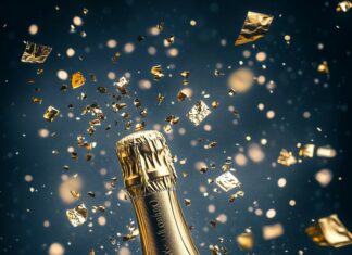 iPhone wallpaper with Champagne bottle popping open with a splash of sparkling golden liquid, with Happy New Year 2025 in luxurious calligraphy on a black and gold background.