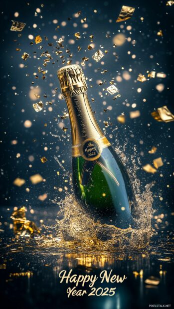 iPhone wallpaper with Champagne bottle popping open with a splash of sparkling golden liquid, with Happy New Year 2025 in luxurious calligraphy on a black and gold background.