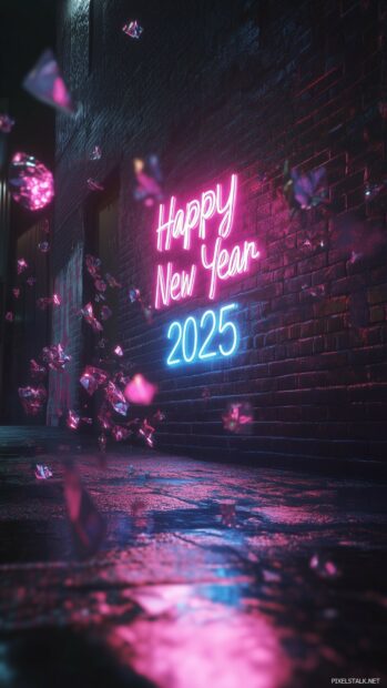 iPhone wallpaper with Neon Happy New Year 2025 glowing in vibrant pink and blue neon lights on a cyberpunk inspired black brick wall.