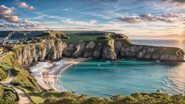 4K summer beach wallpaper of a charming coastal town bathed in the soft light of a summer morning.