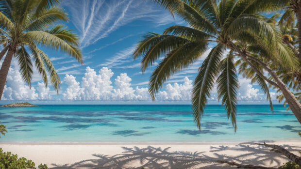 4K summer beach wallpaper of a sun drenched beach with palm trees swaying gently in the breeze.