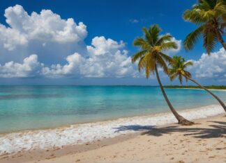 8K Summer Desktop Wallpaper featuring a palm fringed beach against a backdrop of azure skies and fluffy white clouds.