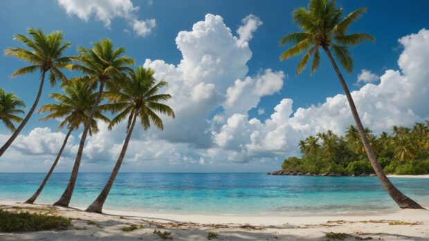 8K Summer Desktop Wallpaper with a secluded tropical beach, palm trees rustling in the wind, and a sky filled with fluffy white clouds.