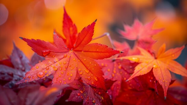 A close up of red and orange maple leaves.