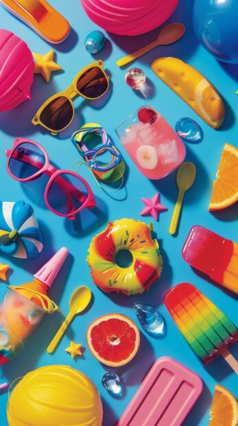 A colorful collage of summer related items like sunglasses, flip flops, beach balls  Cute Summer iPhone Wallpapers.
