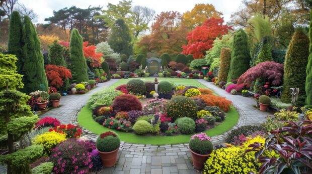 A colorful fall garden with various types of flowers.