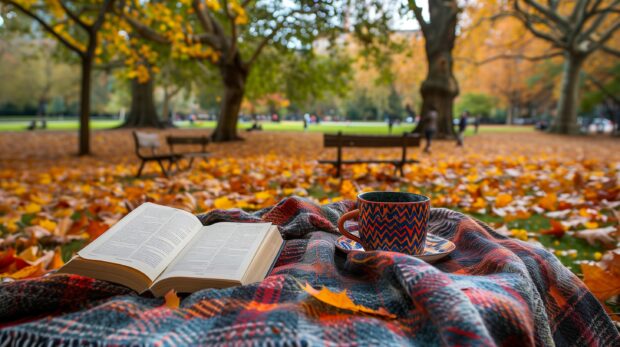 A cozy blanket and book setup in a cute fall park.