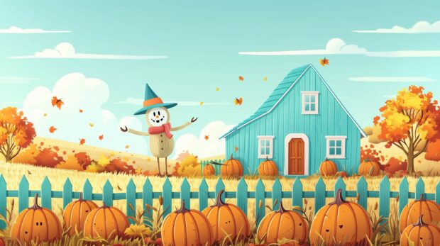 A farmhouse with a scarecrow and pumpkins in the yard Cute Fall Desktop Wallpaper.