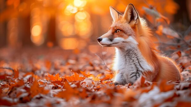 A fox in a forest with a backdrop of autumn leaves.
