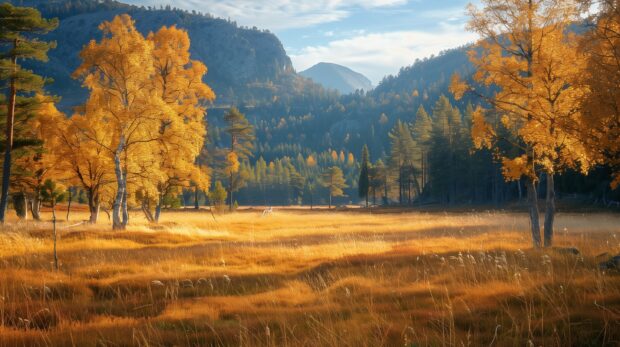 A golden meadow with scattered trees in fall colors HD.