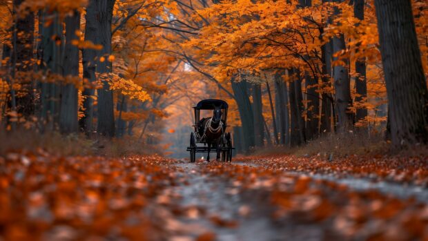 A horse drawn carriage ride through a beautiful fall forest.
