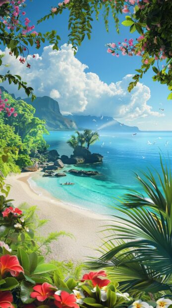A lush tropical island scene with clear blue water, white sandy beaches, and colorful flowers in summer iPhone wallpaper.