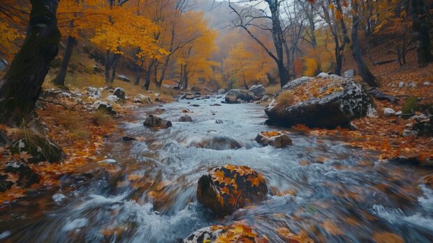 A mountain stream with colorful leaves on the banks.