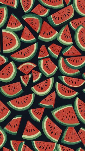 A pattern featuring cute illustrations of mimimalist watermelon slices, tile, line art, flat vectors, aesthetic summer wallpaper.