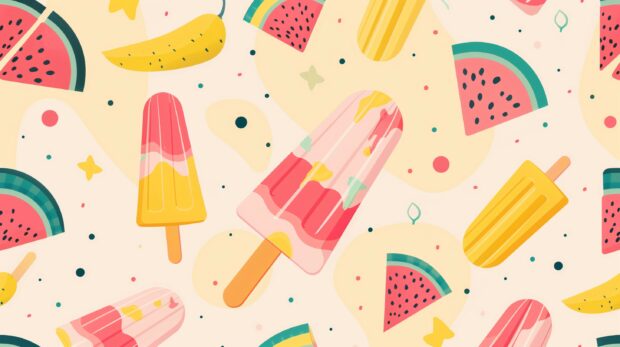 A pattern of popsicles and ice creams in pastel pink, yellow stripes, watermelon patterns on light background.