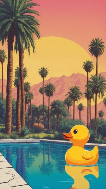A rubber duck in a pool, midcentury home, palm springs,tall palm trees.
