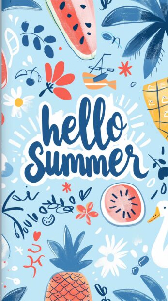 A summer themed wallpaper with the word hello Summer in bold letters, surrounded by cute patterns and elements like watermelon, palm trees, beach waves, or sunshades.