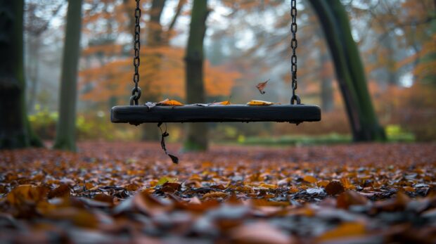 A swing hanging from a tree with a carpet of fallen leaves .