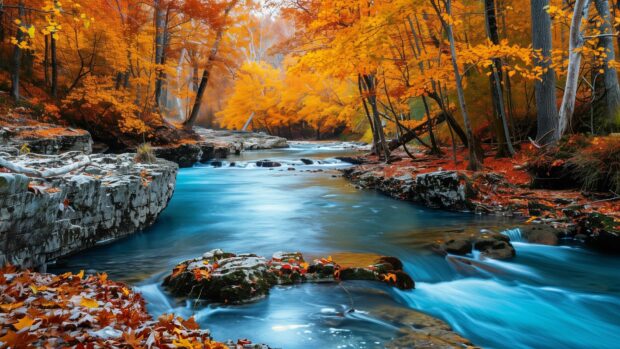 A tranquil river surrounded by colorful beautiful autumn trees.