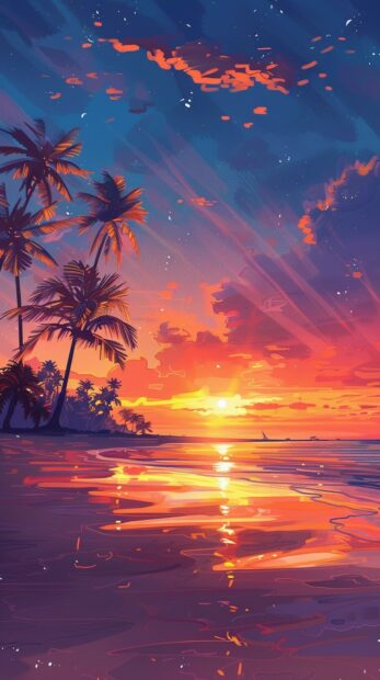 A vibrant sunset over a calm beach with palm trees swaying in the breeze watercolor  Cute Summer iPhone Wallpaper HD.
