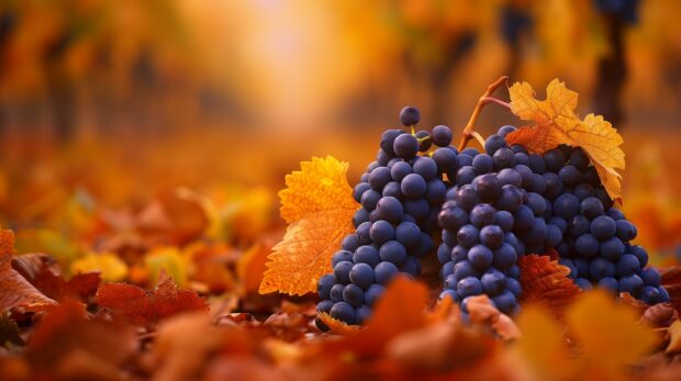 A vineyard in autumn with ripe grapes.