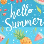 A cute summer wallpaper with the text hello Summer written in colorful lettering in the style of playful elements