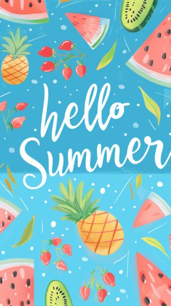A cute summer wallpaper with the text hello Summer written in colorful lettering in the style of playful elements