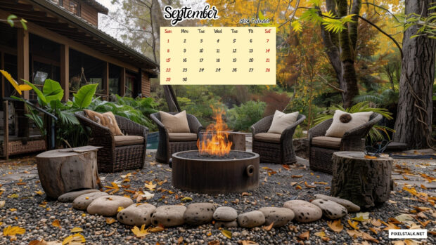 A cozy outdoor seating area with a fire pit in fall.