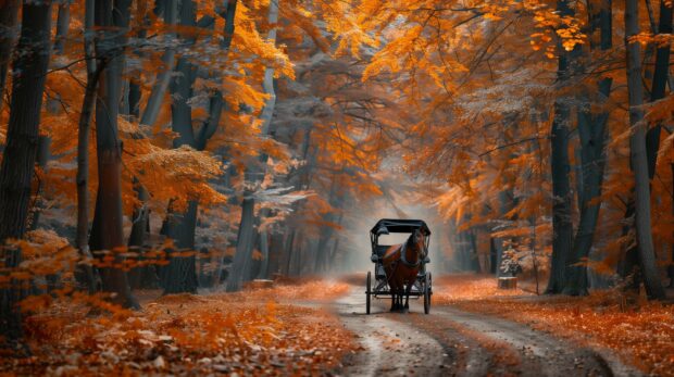 A horse drawn carriage ride through a fall forest.