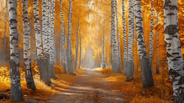 A path through a birch forest with yellow leaves.