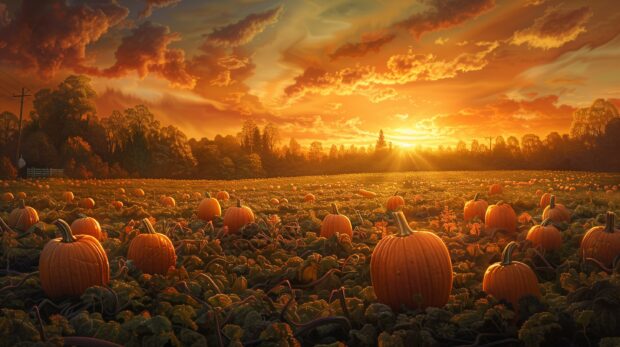  A pumpkin patch at sunset with a golden sky Fall Aesthetic for Desktop Wallpaper HD .