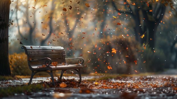 A rustic bench in a park with falling leaves.