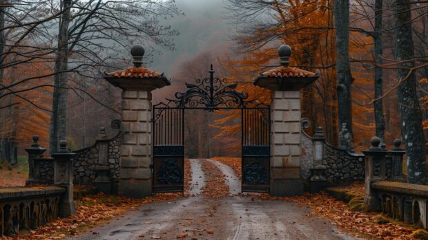 A rustic gate leading to a forest with beautiful autumn colors.