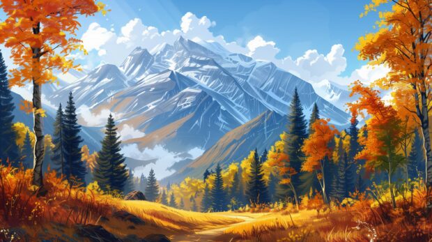 A scenic mountain landscape in Fall Scenery Wallpaper.