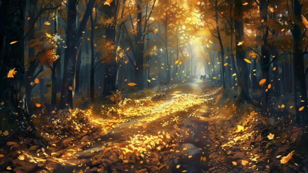 A serene forest path covered in golden leaves  Beautiful fall picture.