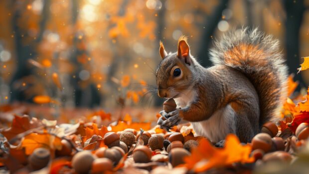 A squirrel gathering acorns in a beautiful fall forest.