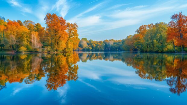 A tranquil lake reflecting colorful fall foliage nature.